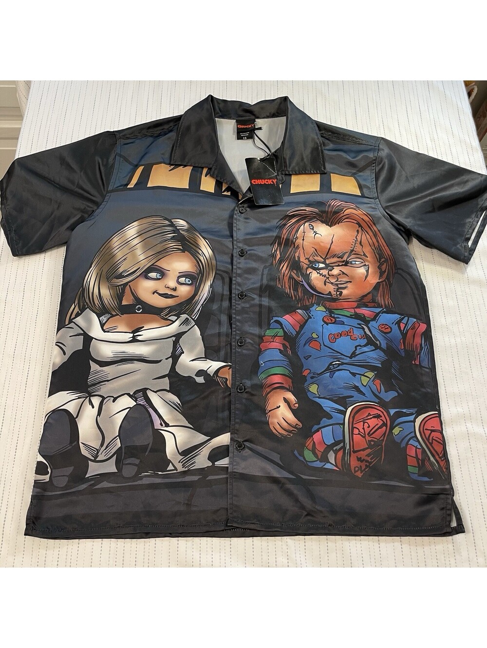 Chucky Tiffany Sublimated Button Up Shirt Child’s Play Horror Unisex Large NWT